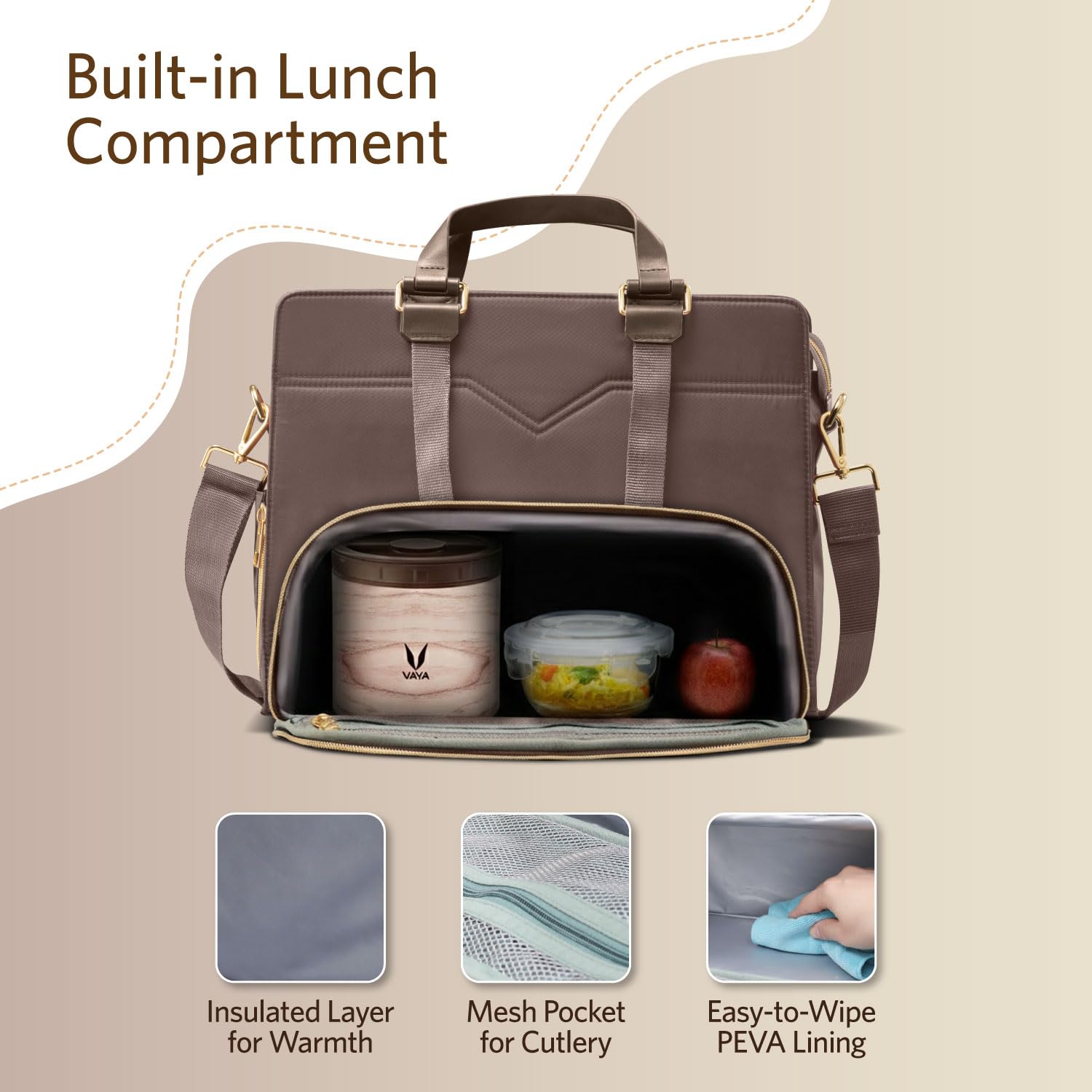 VAYA Zaelia Office Tote Bag for Women with Insulated Lunch Storage, Laptop Bag with Removable Shoulder Strap, Stylish for Work & Travel