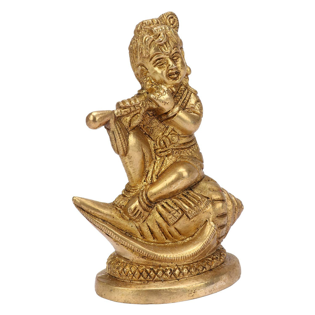 SVARUP Brass Bal Krishna Bhagwan Sitting on Shankh in Gold Color Height 4.5 Inch