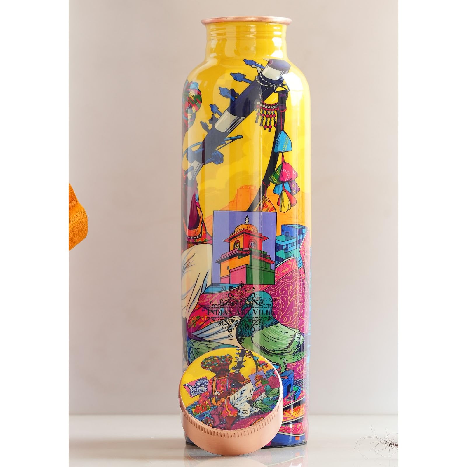 INDIAN ART VILLA Pure Copper Water Bottle 900 ml, Rajasthani Meena Printed Design, Ayurvedic Health Benefits, Leak-Proof for Home, Office, Gym, Yoga & Travel