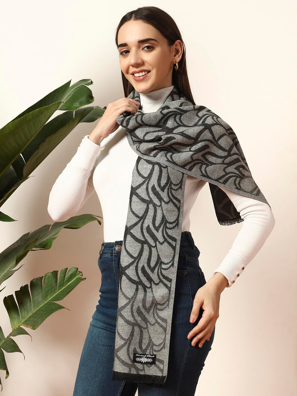 Ravaiyaa - Attitude is everything Women Woolen Ikat Design Casual Warm Winter Wear Muffler Scarf Stole 72x14 Inch (Grey Abstract)