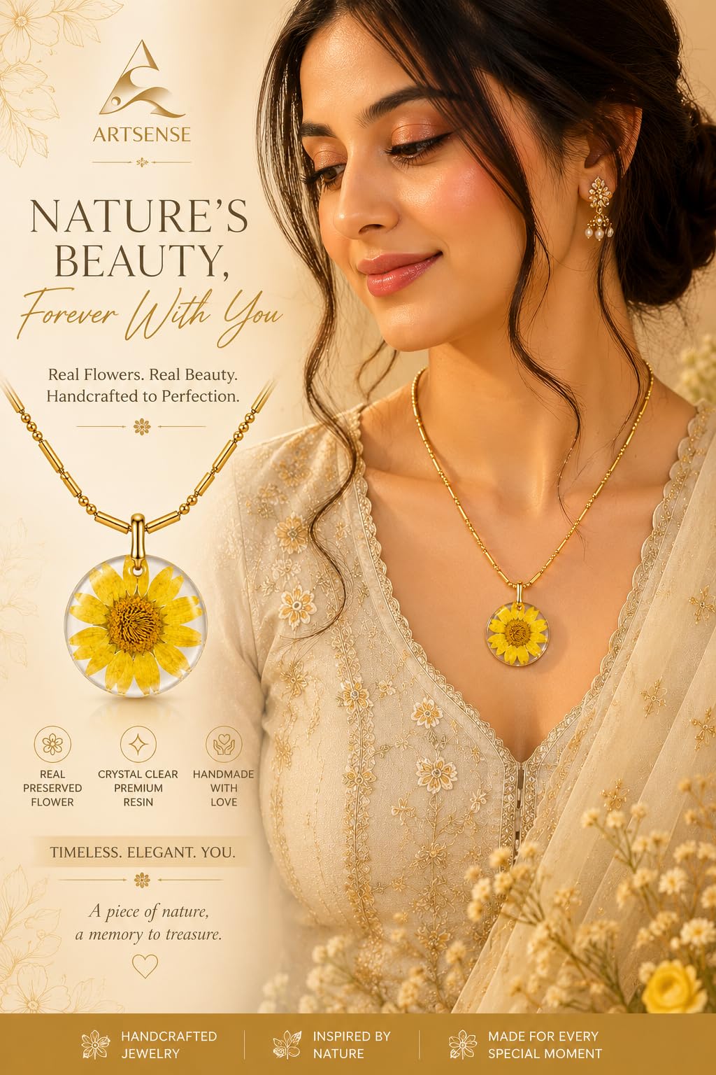 Real Dried Yellow Flower Resin Pendant for Women Nature Inspired