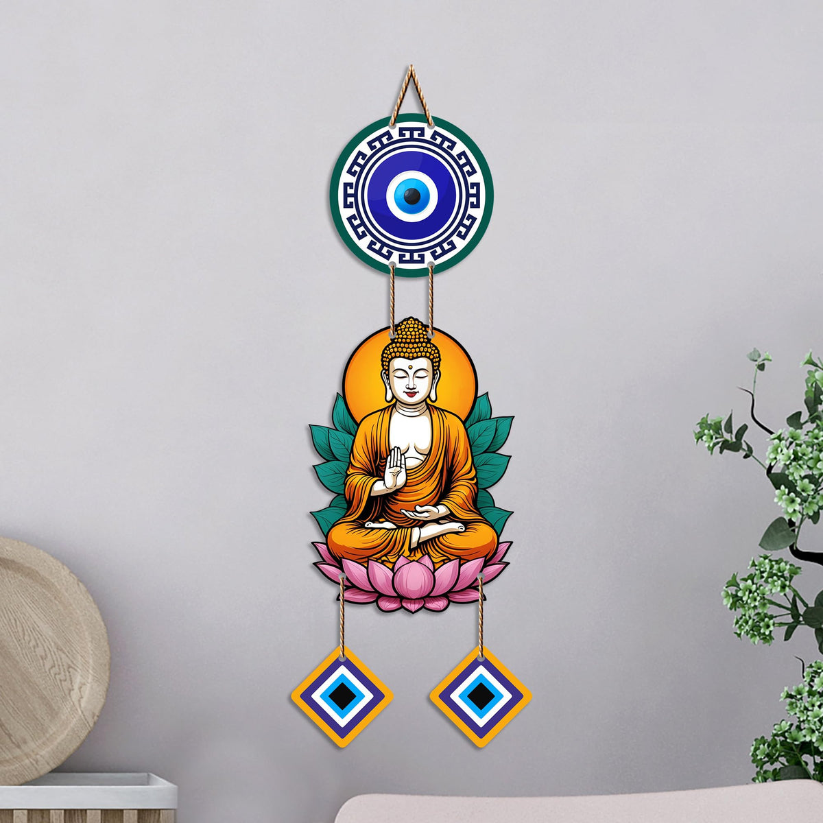 Artvibes Buddha Lotus Meditation Wall Hanging with Evil Eye Charms | Spiritual Decor for Yoga & Prayer Spaces | Decorative Wooden Hanging Ornament for Living Room | Positive Energy Wall Art (WH_8598N)