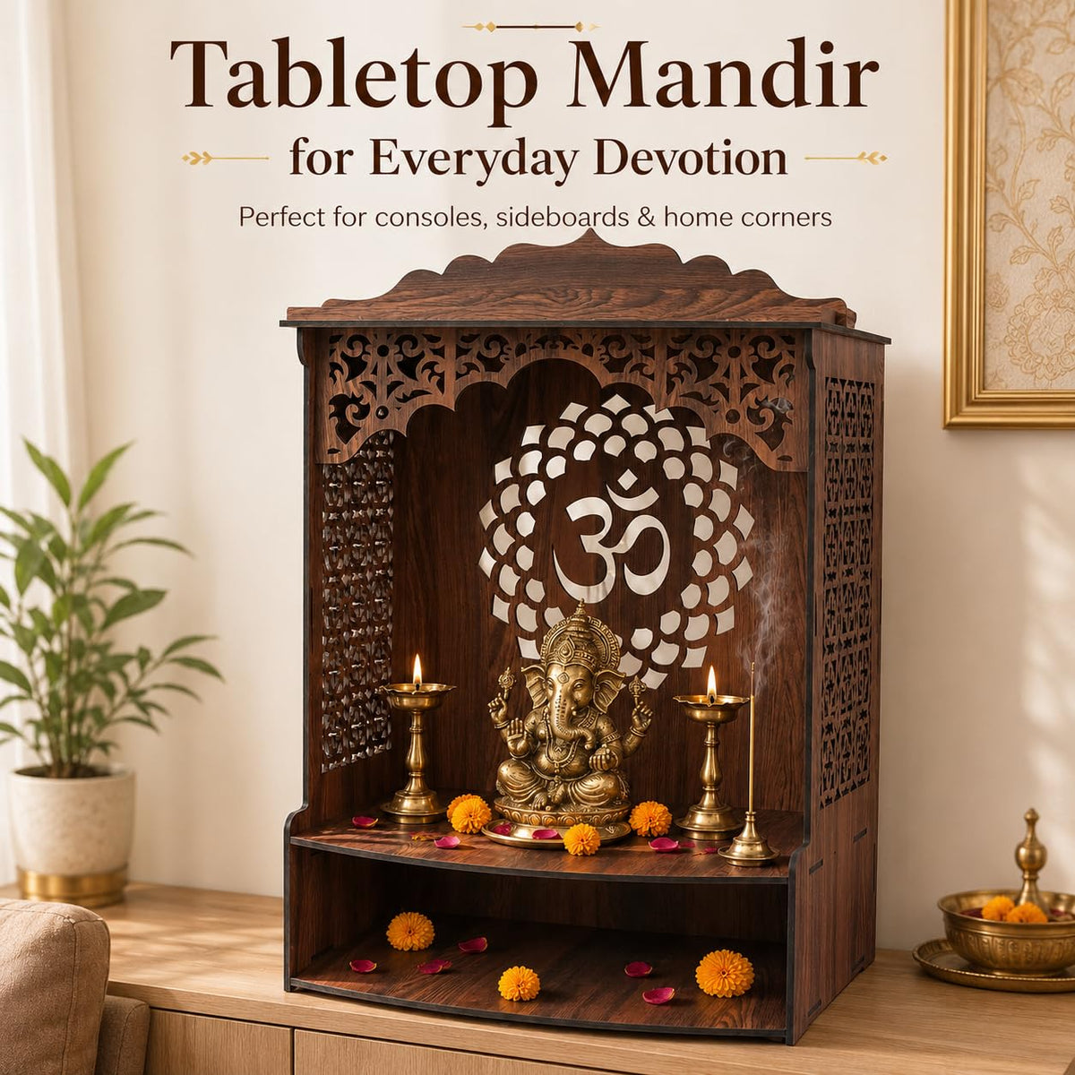 The Castle Decor Wooden Mandir for Home, Wall Hanging & Tabletop Pooja Temple with Om Cutwork Back Panel, Jali Side Panels, Open Storage Shelf, Pooja Room, Office, Hostel, 10x22.2x18 Inch