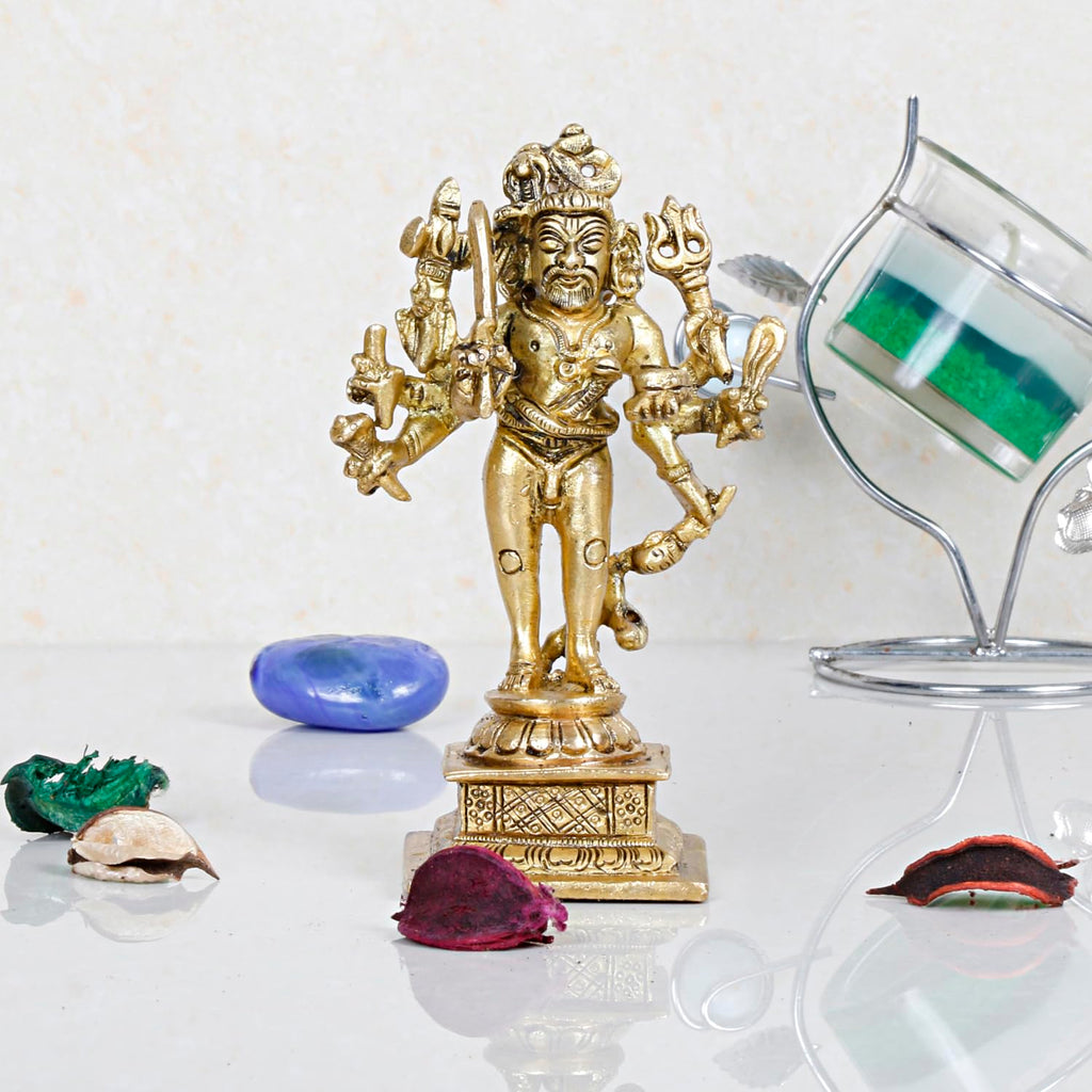 ARTVARKO Brass Idol Kaal Bhairav Murti Kalbhairav Bhairo Baba Kaala Bhairava Avatar of Lord Shiva Home Puja Temple Golden 5 Inch
