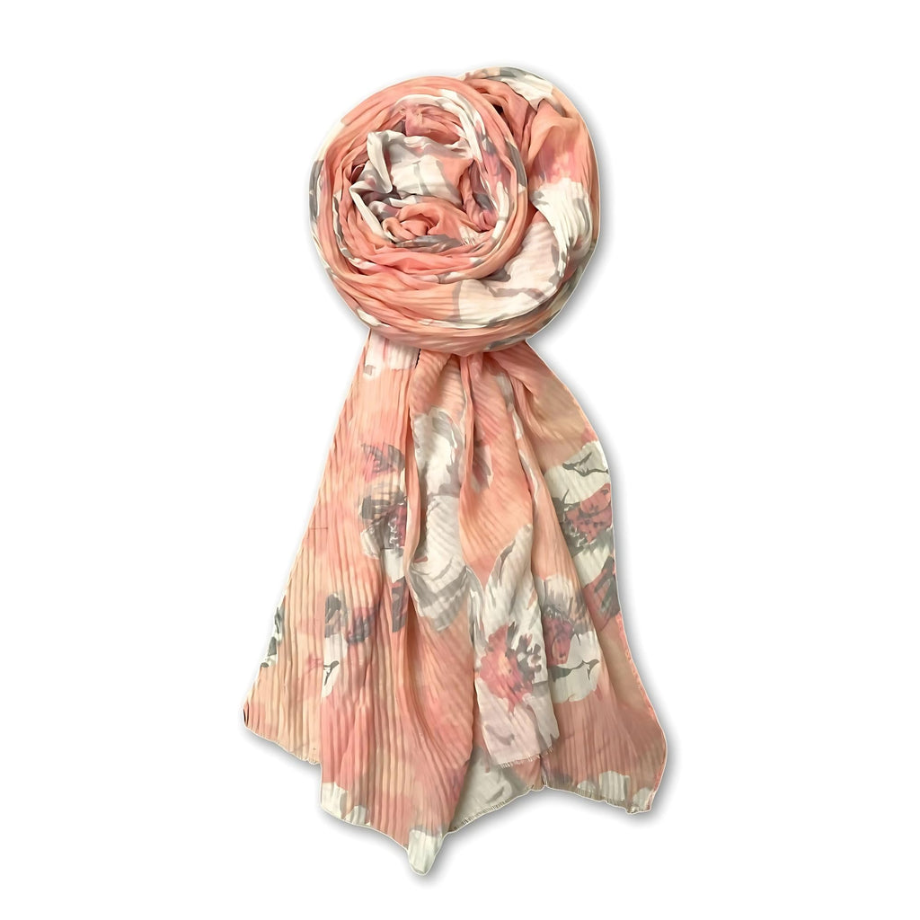 Scarf Woman Pleated Floral Print Mal Mal Cotton Scarves | Hijab Scarf | Headscarf | Neck Scarf | Stoles | Wraps (Peach)