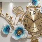Mahira Artefacts Large Metal Wall Clock with Ginkgo Biloba Floral Art Decor, Modern Style, Golden and Blue, for Living Room, Bedroom, Office
