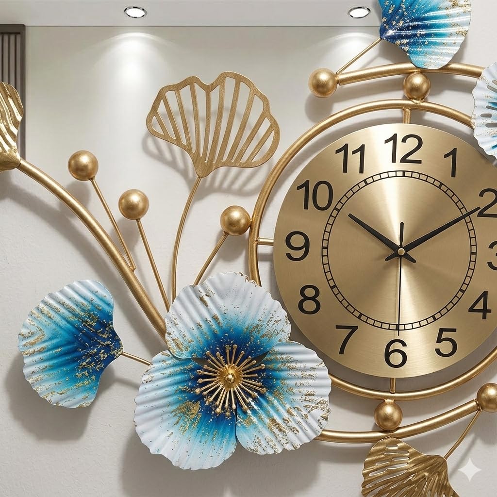 Mahira Artefacts Large Metal Wall Clock with Ginkgo Biloba Floral Art Decor, Modern Style, Golden and Blue, for Living Room, Bedroom, Office