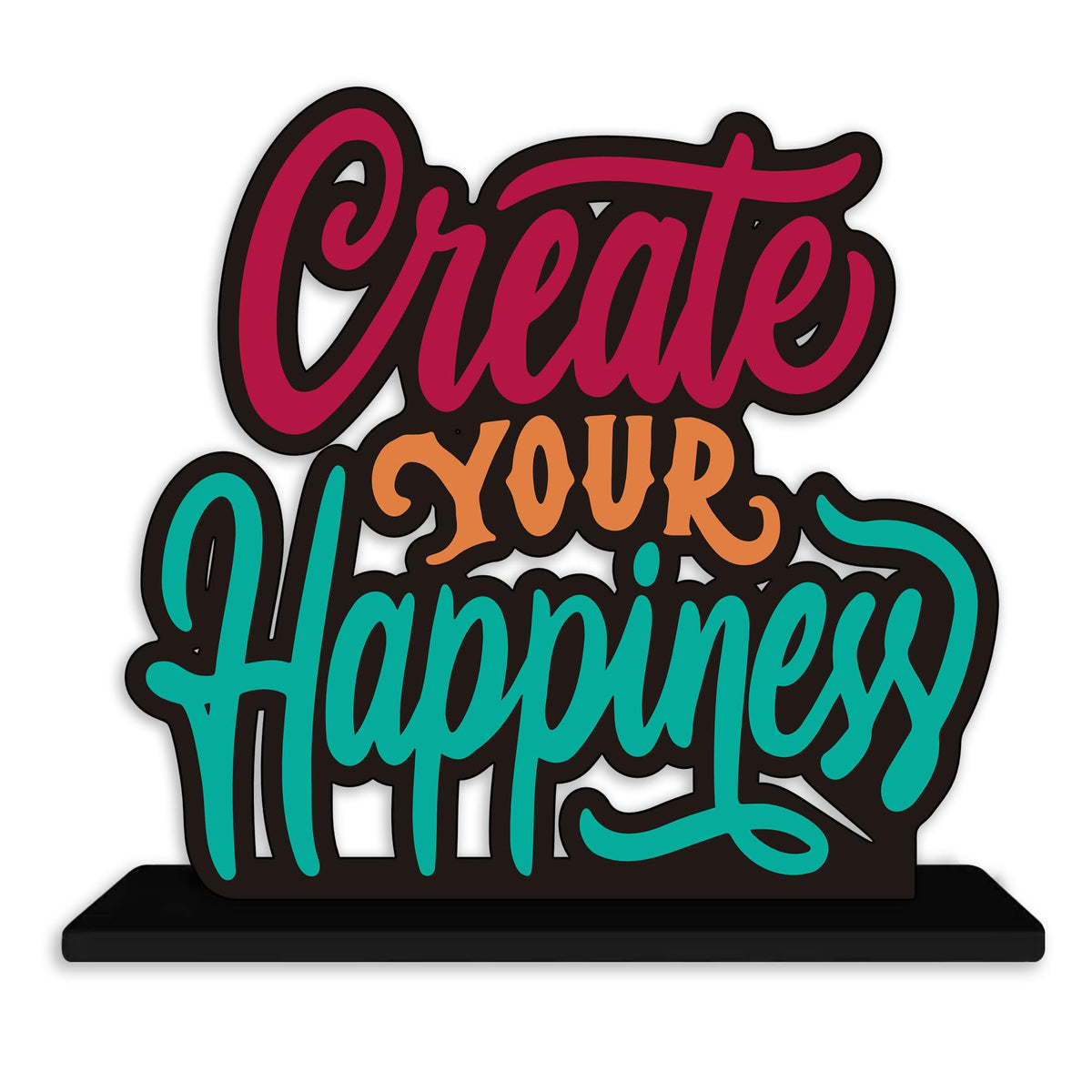 Artvibes Wooden Idols and Figurine Create Your Happiness Quotes Table Decoration for Office Desk|Home Decor Item|Living Room|Modern Art Wood Alphabet Showpiece Gift Item (Sp_1141)