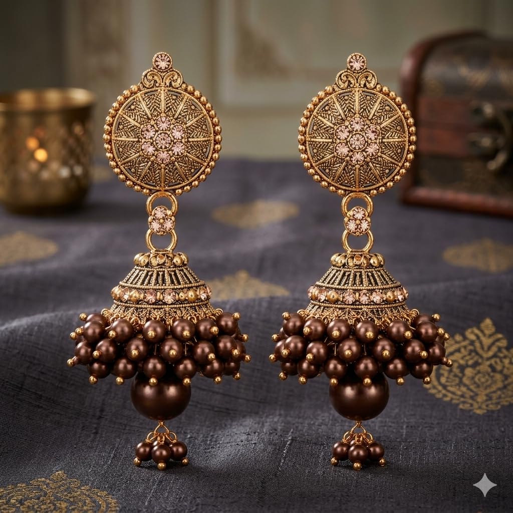 Traditional Gold-Plated pearl/moti Beaded Jhumka Earrings for Women | Ethnic Bridal & Festive Jewelry | Handmade Pearl Drop Jhumki | Lightweight Designer Earrings (brown chocolate)