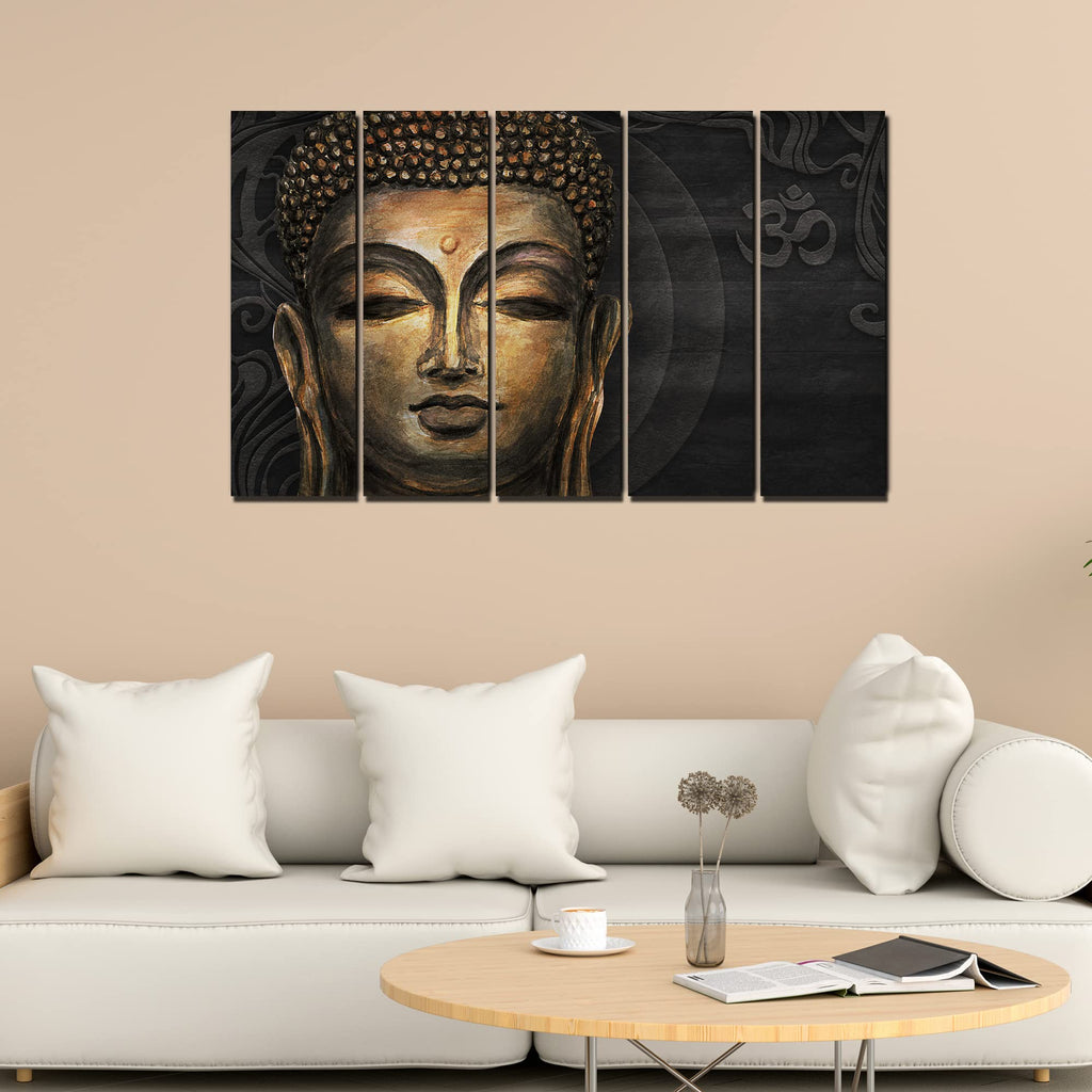 VIBECRAFTS Divine Gautam Buddha Face 5 Pieces Canvas Wall Painting For Home | Office | Living Room | Gift (PTVC5Pcs4_8527)