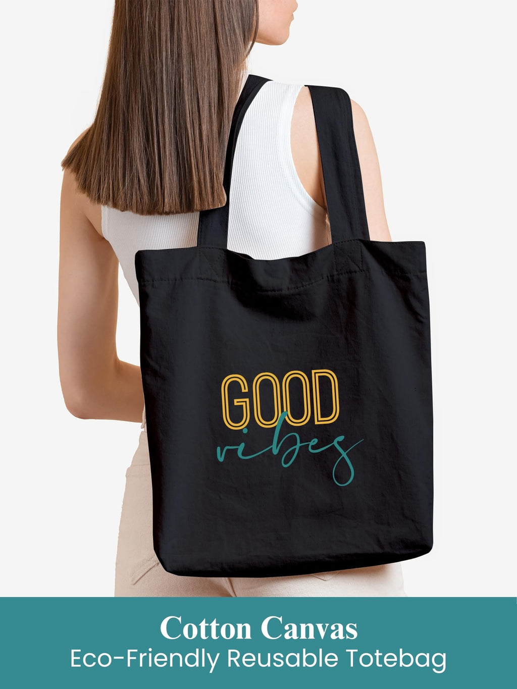 DOODLE Eco-Friendly Reusable Cotton Canvas Tote Bag | Inner & Outer Zip Pockets | Ideal for Travel, Shopping, College & Office Use | Good Vibes - Blooms