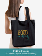 DOODLE Eco-Friendly Reusable Cotton Canvas Tote Bag | Inner & Outer Zip Pockets | Ideal for Travel, Shopping, College & Office Use | Good Vibes - Blooms