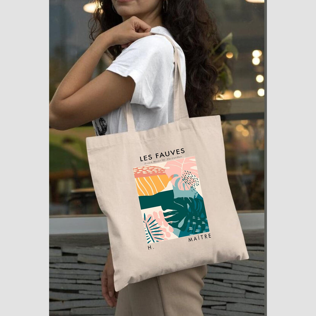 Peach Blossom Printed Cotton Zipper Tote Bags | CBAG - WHT-LES FAUVES_BLK-FAUVISM
