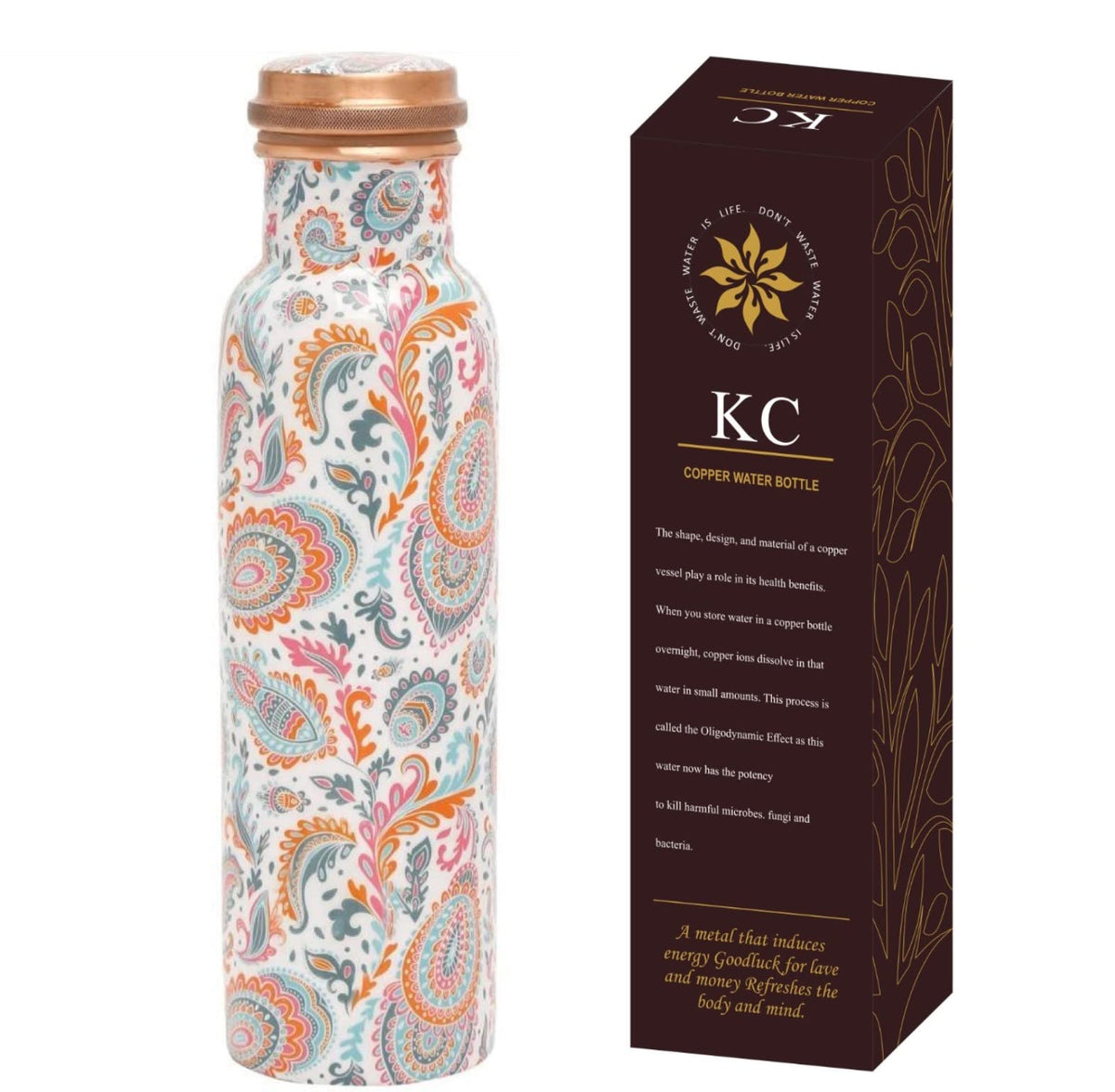 KC Pure Copper Designer Water Bottle | Leak Proof Protection | Ayurveda and Yoga Health Benefits (1000ml, Meena Pink Design, Pack of 1)