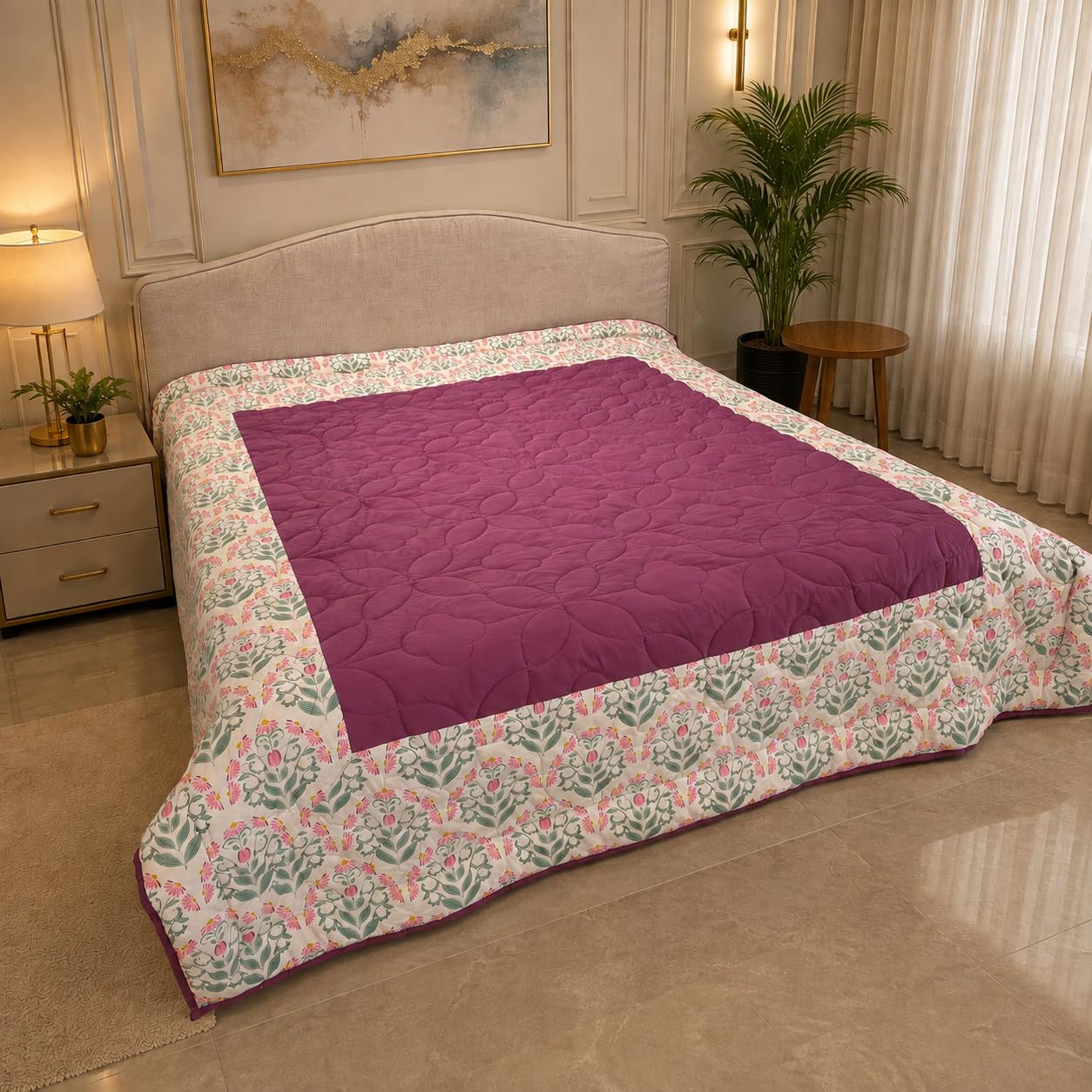 Linen Home Cotton Reversible AC Blanket Double Size Sequence Pink & Damson Berry Kafalo
