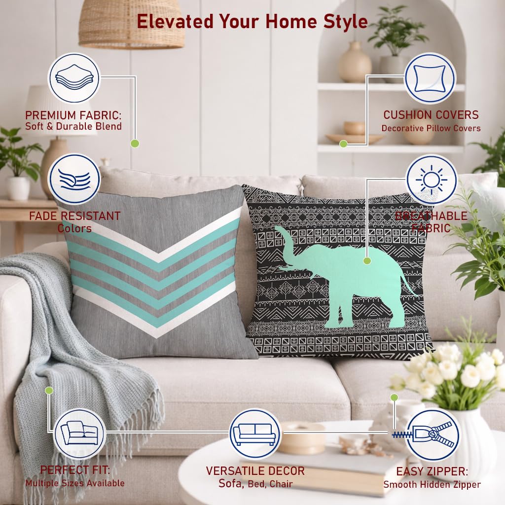 STITCHNEST Set of 2 Teal Tribal Harmony Collection Printed Jute Cushion Covers 16x16 Inches | Decorative Throw Pillow Covers for Sofa, Living Room, Bedroom | Perfect for Home Decor