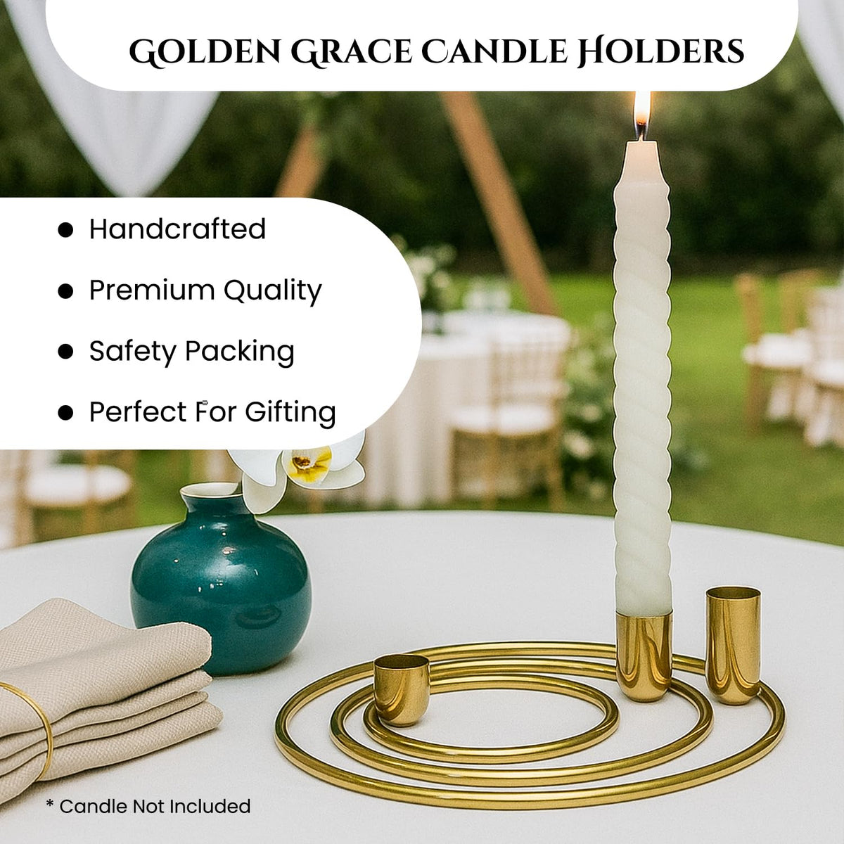 Nostrae by Ekhasa Metal Candle Holder Stand (Set of 3) | Golden Metal Candle Stand for Home & Dining Table Decoration | Aesthetic Candle Holder for Living Room, Festivals & Gifting (Without Candle)