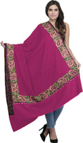 Exotic India Women's Plain from Amritsar with Embroidered Paisleys on Border Pure Wool Shawl (SWL39--magenta-pink)