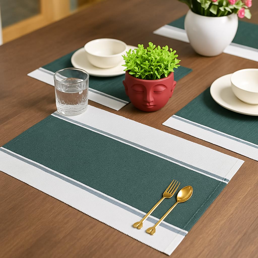 Crazyweaves Dining Table Mat Set of 4 | Fine Ribbed Cotton Placemat | Size 48x33 cm | Machine Washable (Green Mat -4) Kafalo