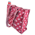 The House of RajPadmini Floral Quilted Cotton Shopping Tote Bag, 16x16 inches, Striped Trim, External Bottle Pocket (Dark Pink)