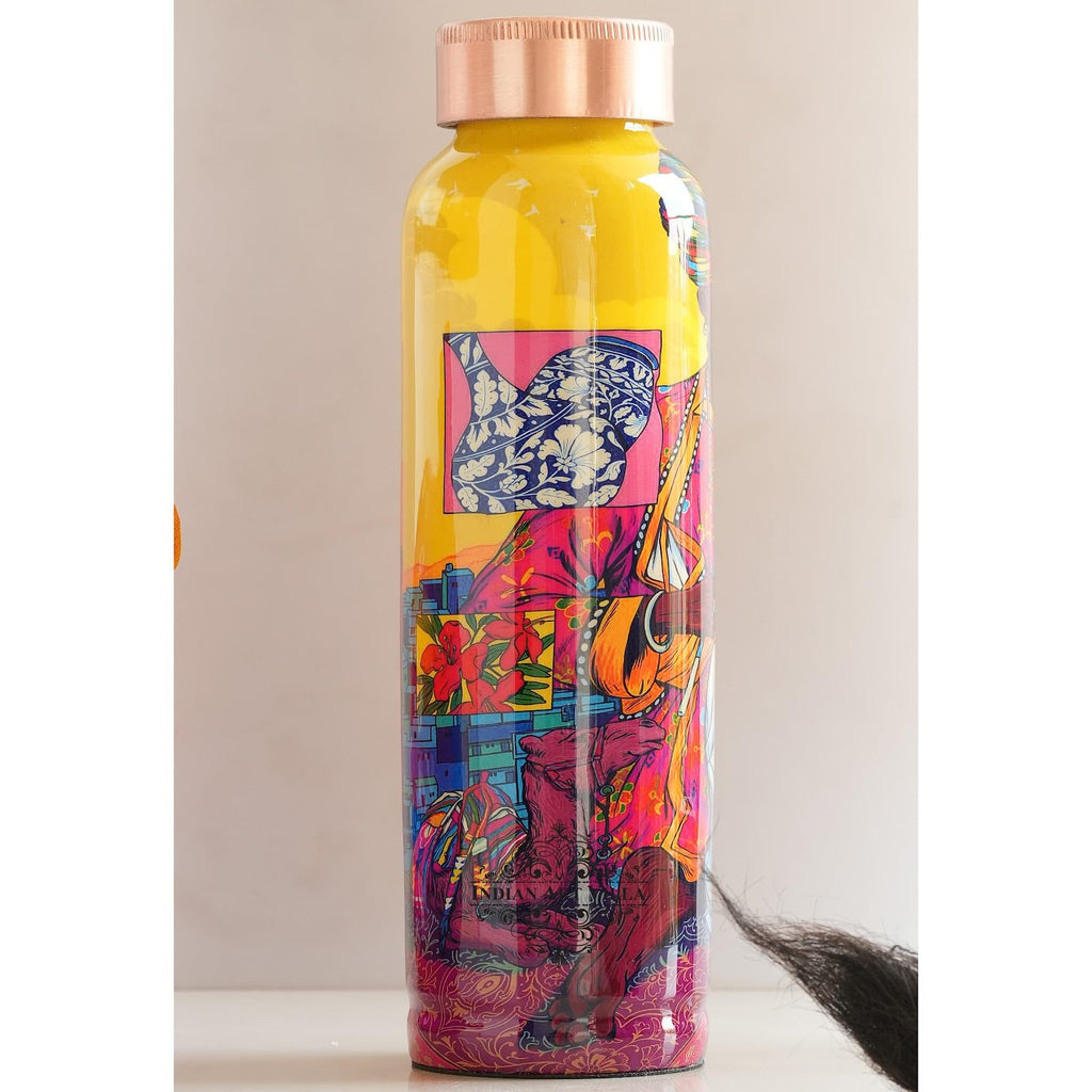 INDIAN ART VILLA Pure Copper Water Bottle 900 ml, Rajasthani Meena Printed Design, Ayurvedic Health Benefits, Leak-Proof for Home, Office, Gym, Yoga & Travel