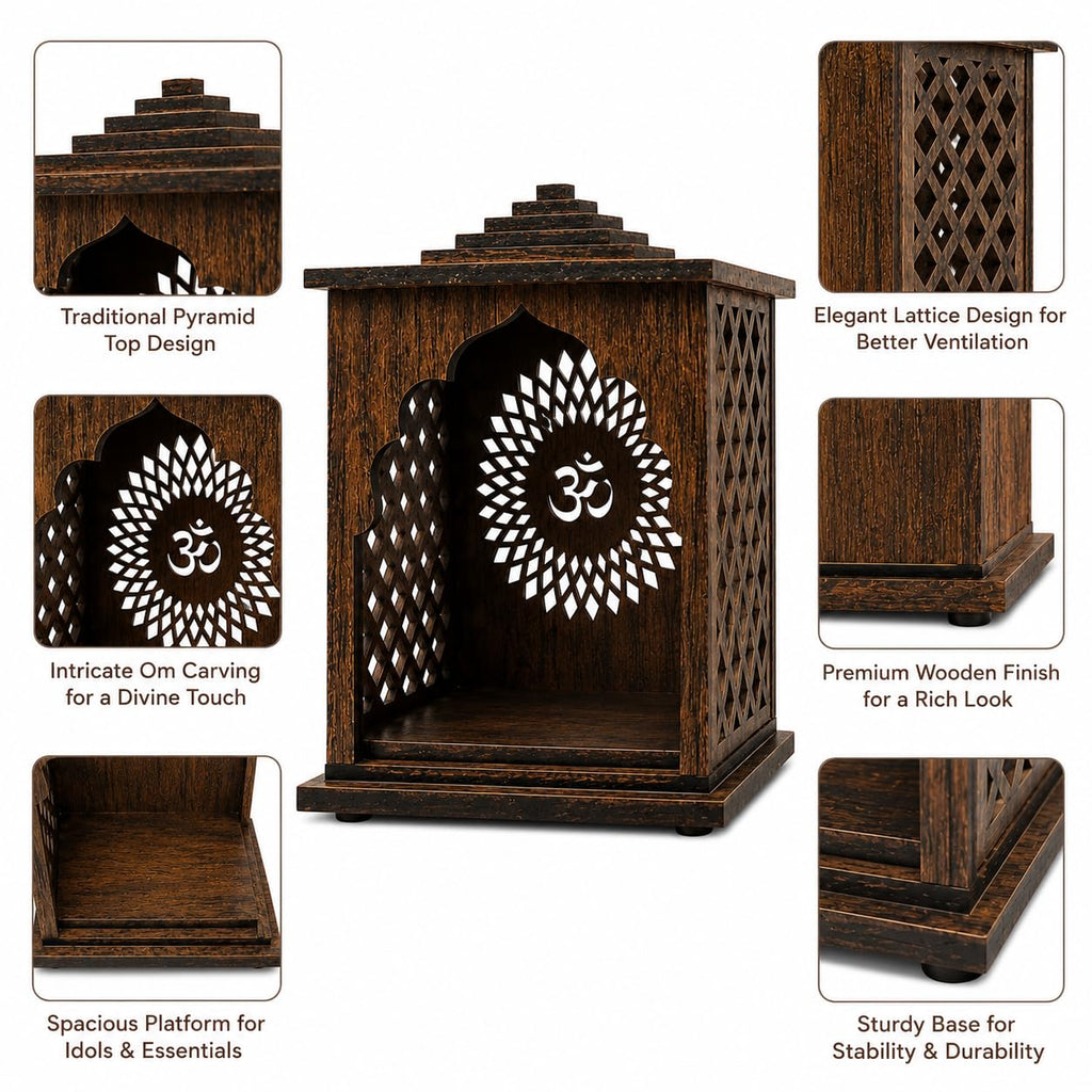 Rebirth Enterprises Wooden Mandir for Home Temple | Pooja Mandir for Home | Decorative Wooden Temple with Om Design | Mini Pooja Ghar for Home Decor | Engineered Wood Prayer Cabinet | Dark Brown