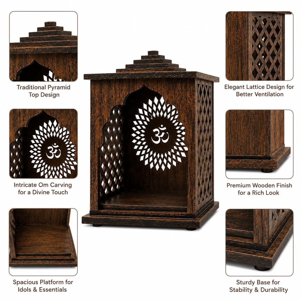 Rebirth Enterprises Wooden Mandir for Home Temple | Pooja Mandir for Home | Decorative Wooden Temple with Om Design | Mini Pooja Ghar for Home Decor | Engineered Wood Prayer Cabinet | Dark Brown