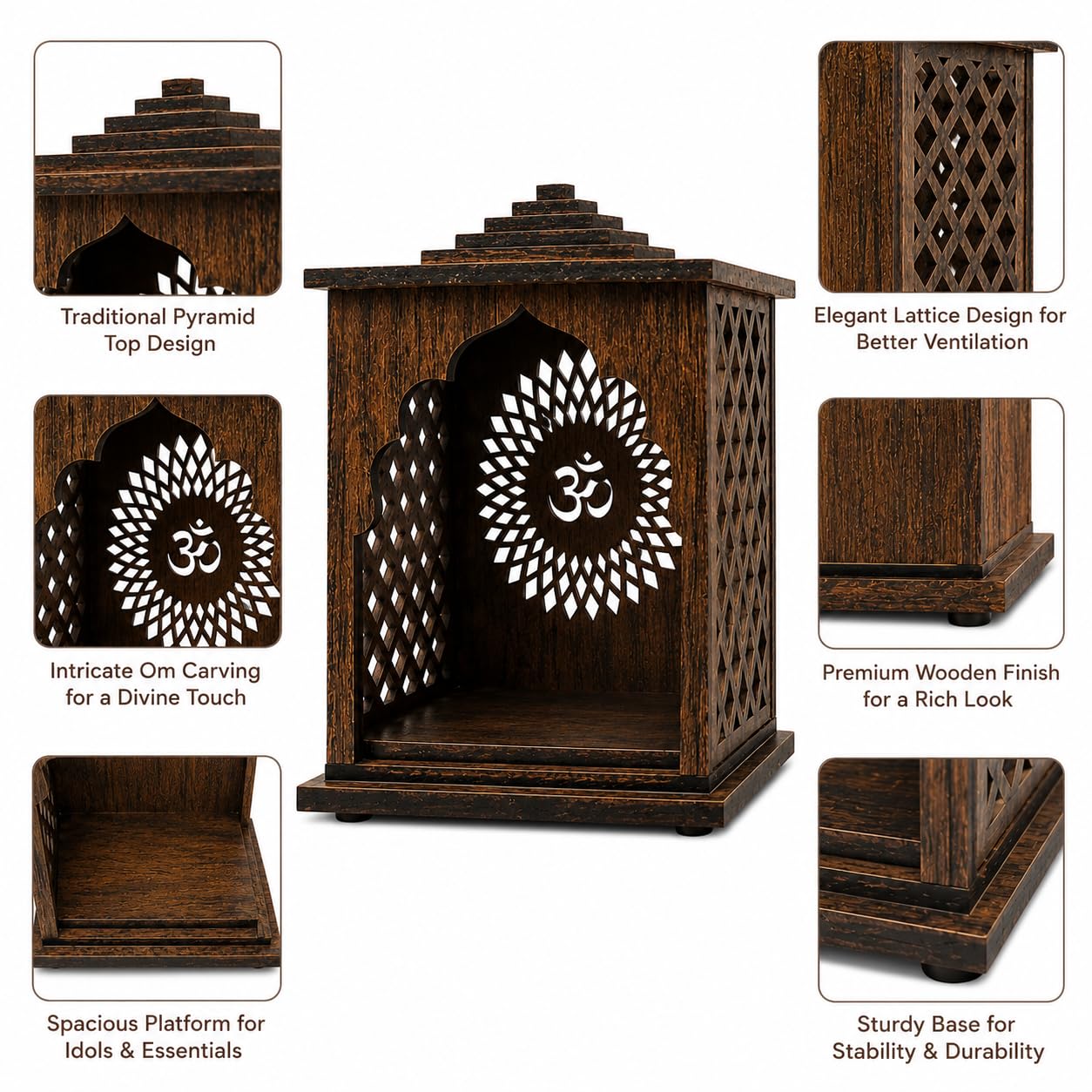 Rebirth Enterprises Premium Wooden Mandir for Home with Om Design | Decorative Tabletop Pooja Temple for Home & Office | Dark Brown Finish Wooden Pooja Ghar