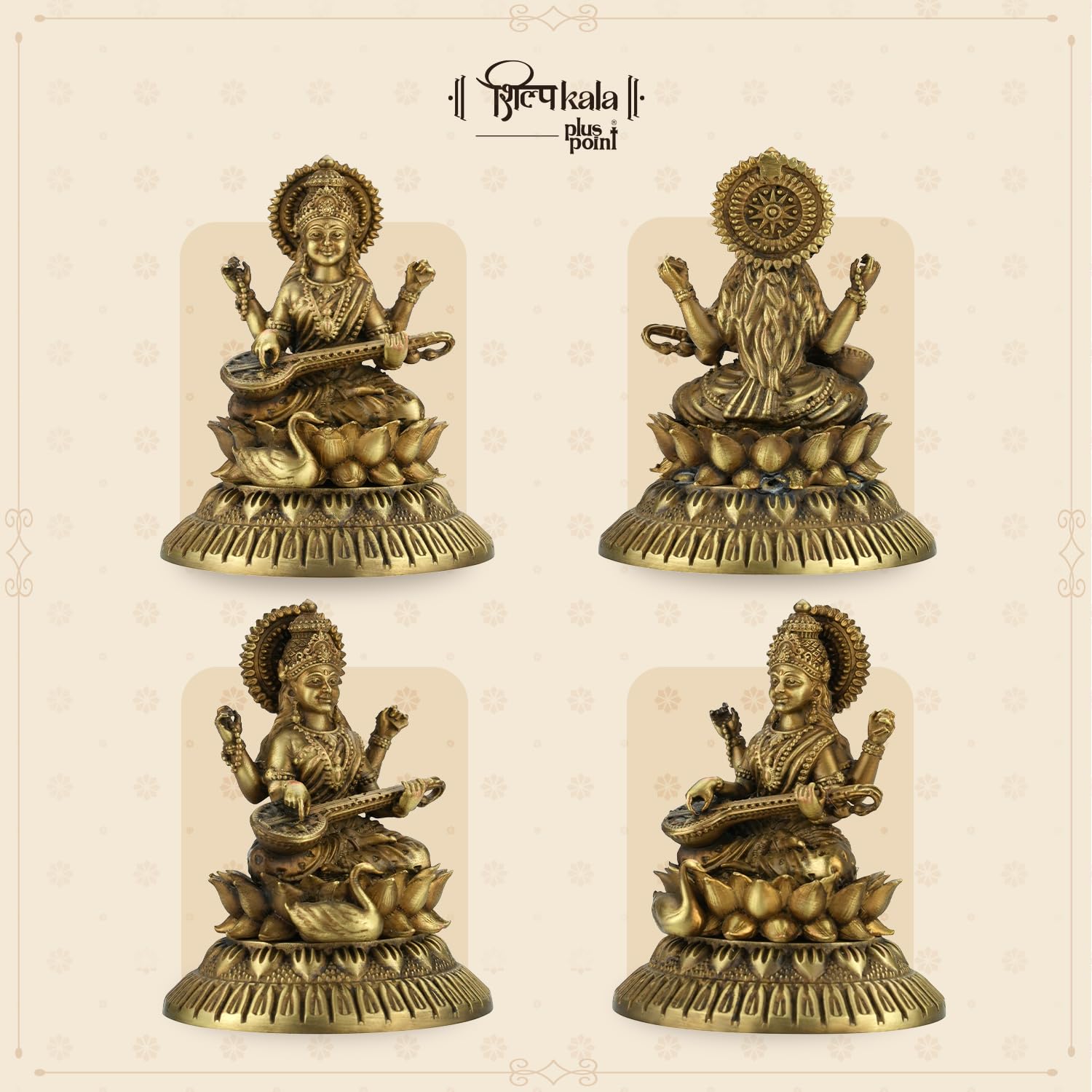 Shilpkala Ultra Fine Saraswati Maa Idol Seated on Lotus Holding Veena - Fine Detailing of God Statue for Study Table, Murti for Mandir, Idols for Gift & Housewarming (2.7 Inch, Coffee Antique)