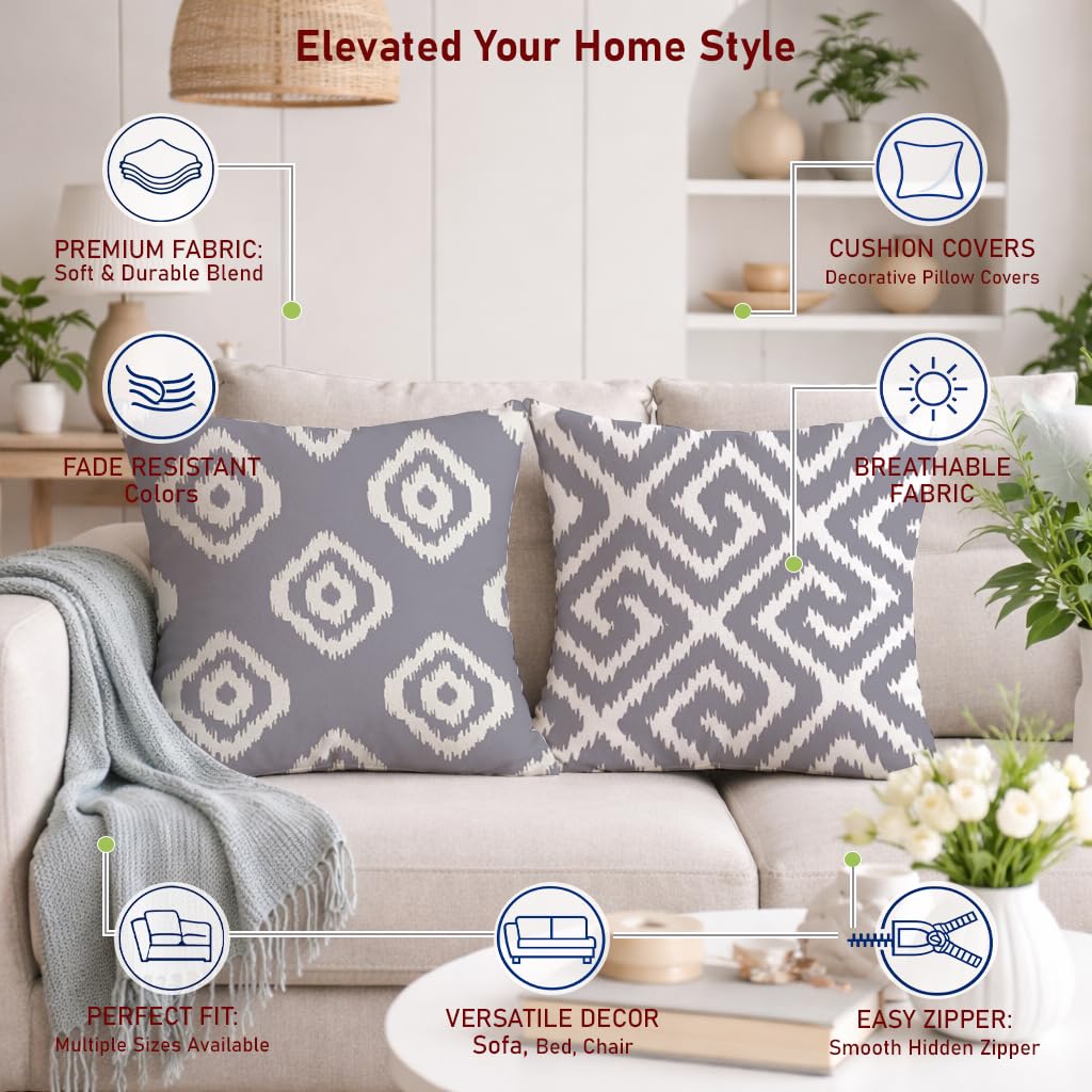 STITCHNEST Set of 2 Polycotton Cushion Covers – 24x24 Inches – Grey & White Ikat Geometric Print – Elegant Cushion Covers for Sofa & Living Room | Perfect for Home Decor