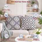 STITCHNEST Set of 2 Polycotton Cushion Covers – 24x24 Inches – Grey & White Ikat Geometric Print – Elegant Cushion Covers for Sofa & Living Room | Perfect for Home Decor