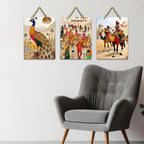 Artvibes Royal Rajasthan Artwork Wooden Art Decoration Item for Living Room | Room Wall Art | Wood Decorative Items | Modern Decoration | Aesthetic Wooden Decor | Ideal Gifts (WH_96121N), Set of 3