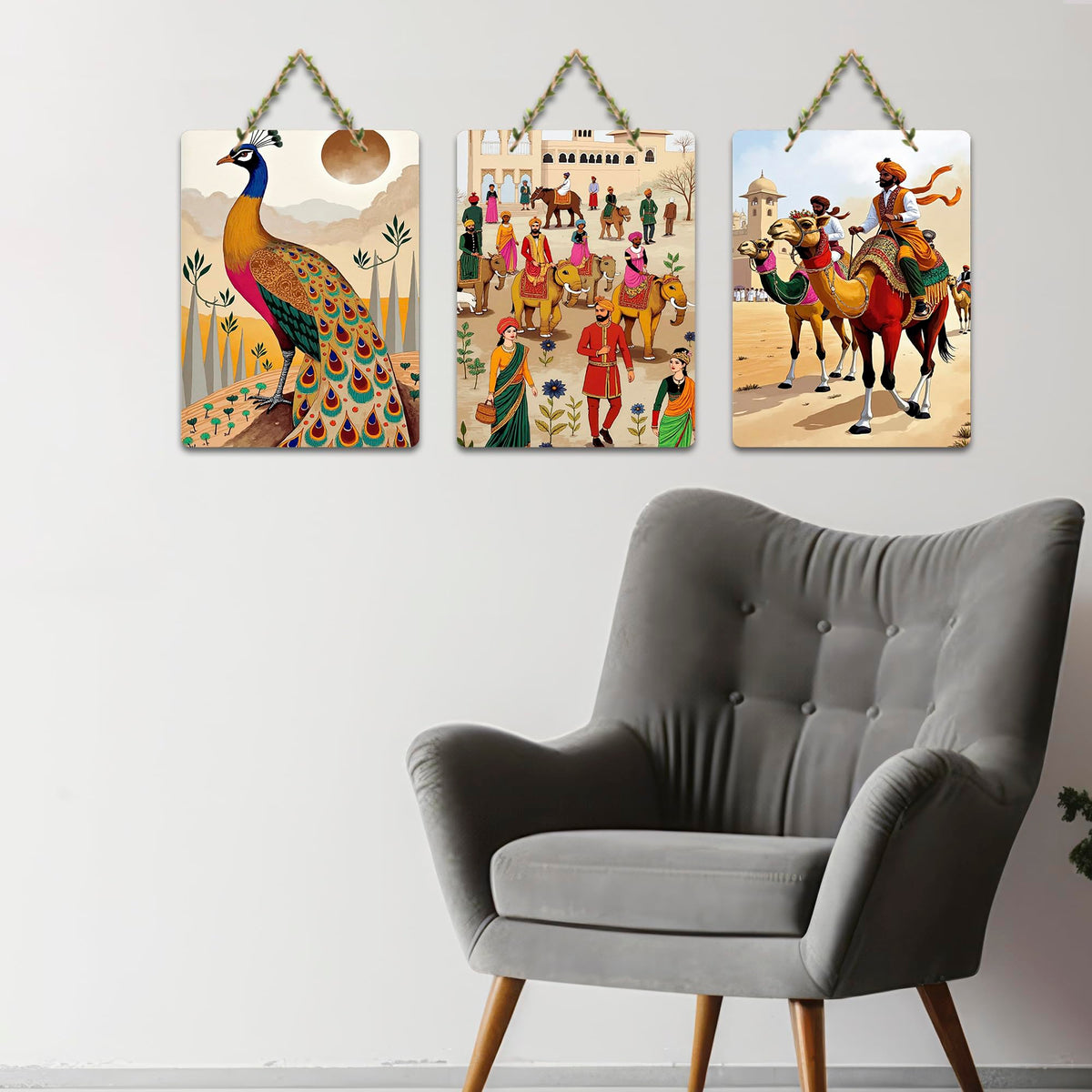Artvibes Royal Rajasthan Artwork Wooden Art Decoration Item for Living Room | Room Wall Art | Wood Decorative Items | Modern Decoration | Aesthetic Wooden Decor | Ideal Gifts (WH_96121N), Set of 3