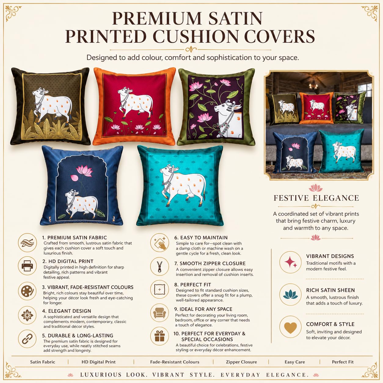 Vendola Decorative Satin Sofa Cushion Covers Set of 5, 12 inch x 12 inch, Sofa Pillow Cover, Ethnic Festive Cow Pichwai, Multicolor, Rajasthani Design, Zipper Closure (Cattle, 12X12 Inches)