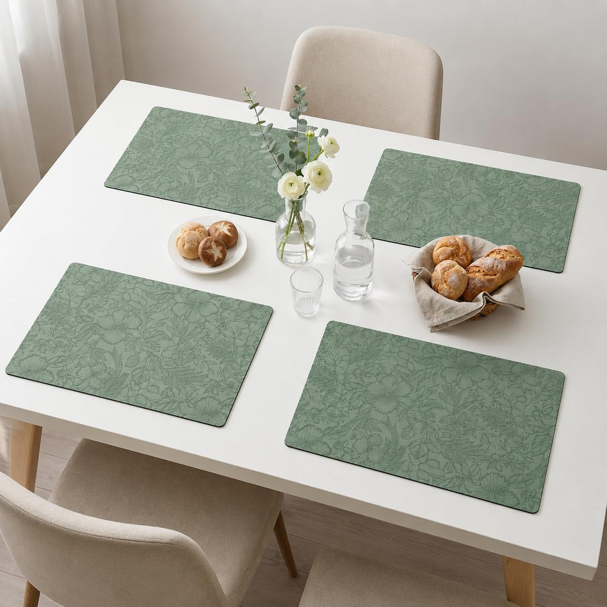 Yelona Premium Faux Leather Placemat Set of 4 | Printed Floral Design, Waterproof & Heat Resistant Table Mat | Non-Slip, Washable for Dining, Kitchen & Home Decor (Green, 43 x 30 cm) Kafalo