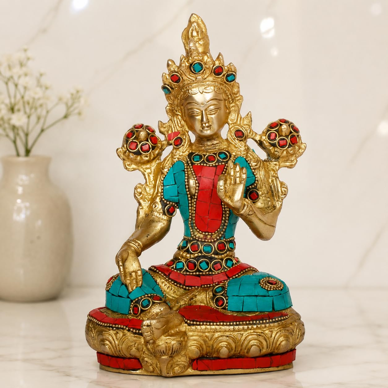 ARTVARKO Tara Devi Statue Brass Tibetan Goddess Religious Green Tara Statue for Health Happiness Wealth Idol Home Decor Sculpture Height 8 Inches