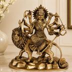 ARTVARKO Pure Brass Maa Durga Idol Sitting On Lion Ma Sherwali Murti Vaishno Devi Statue for Home Navratra Puja Decor Gift 9 Inch