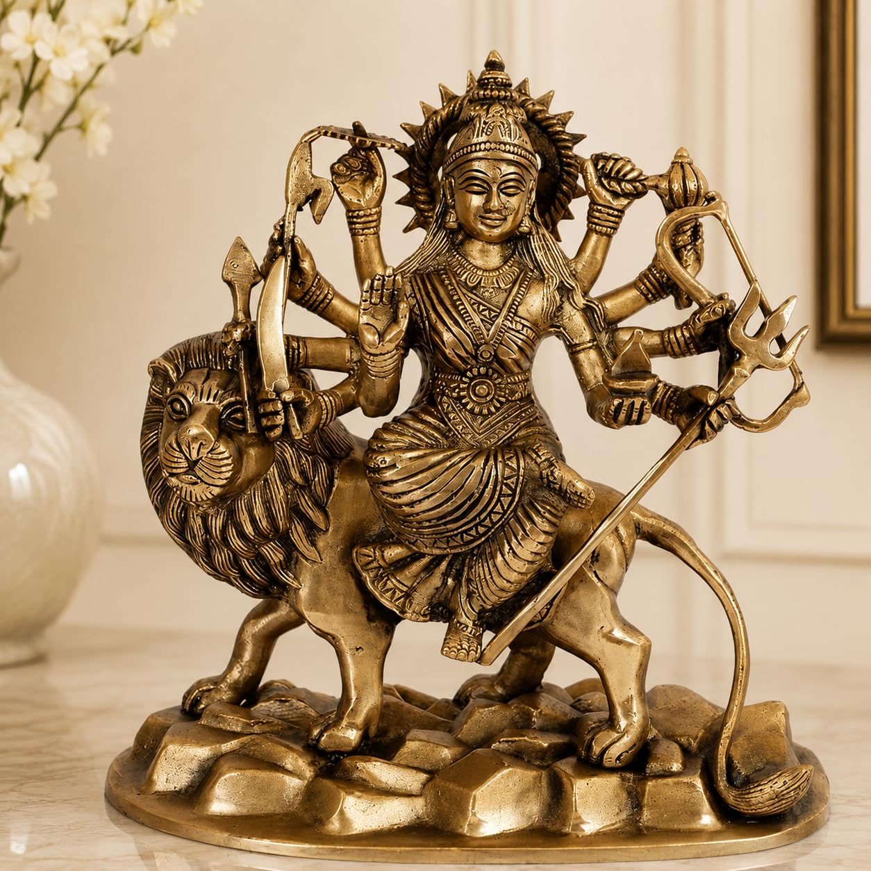 ARTVARKO Pure Brass Maa Durga Idol Sitting On Lion Ma Sherwali Murti Vaishno Devi Statue for Home Navratra Puja Decor Gift 9 Inch