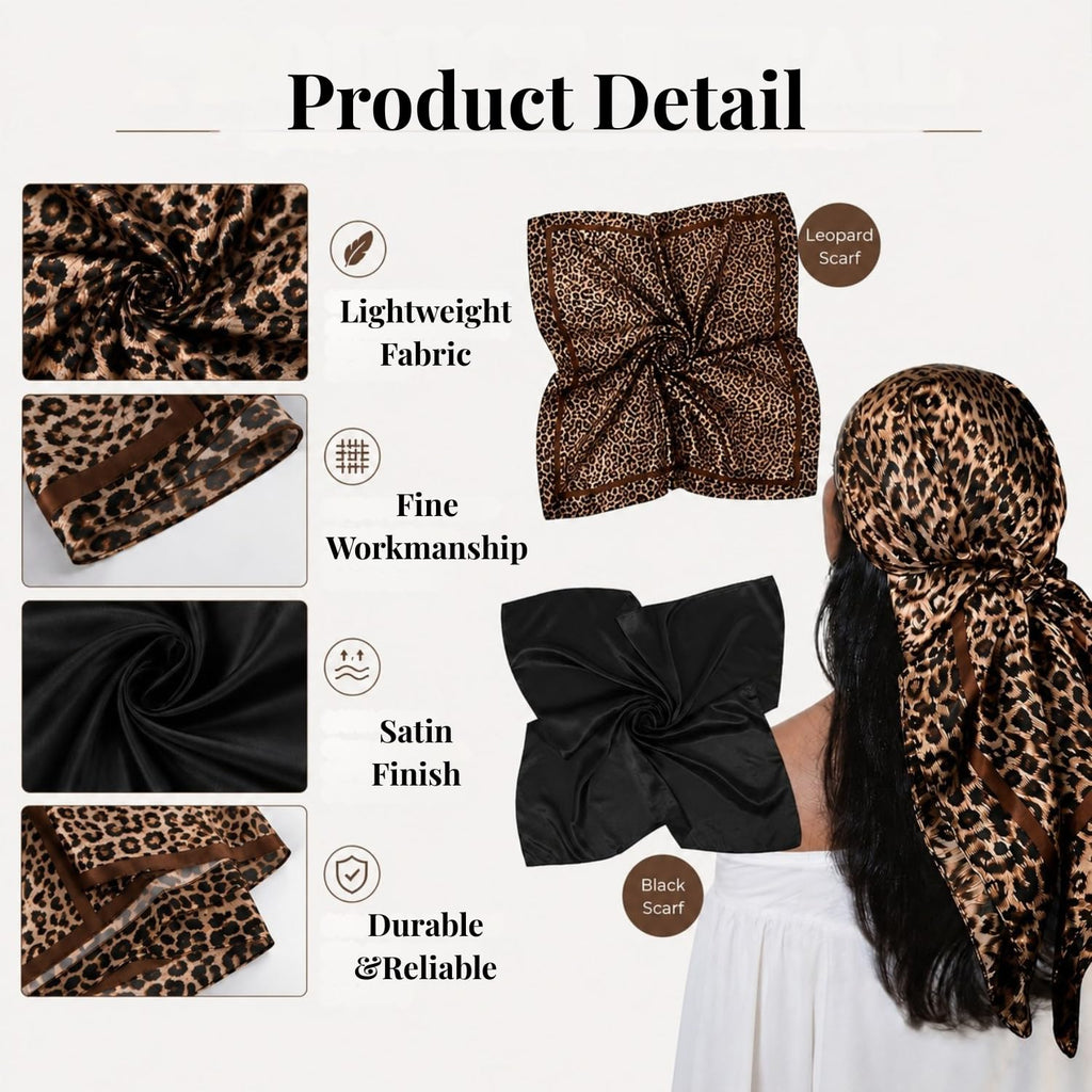 BendJoy 2 PCS Scarf for Women Stylish, Satin Silk Head Scarf, Soft Square Bandanas for Women, Elegant Summer Headscarf for Styling, Hair Protection & Daily Fashion Wear(35.4in×35.45in