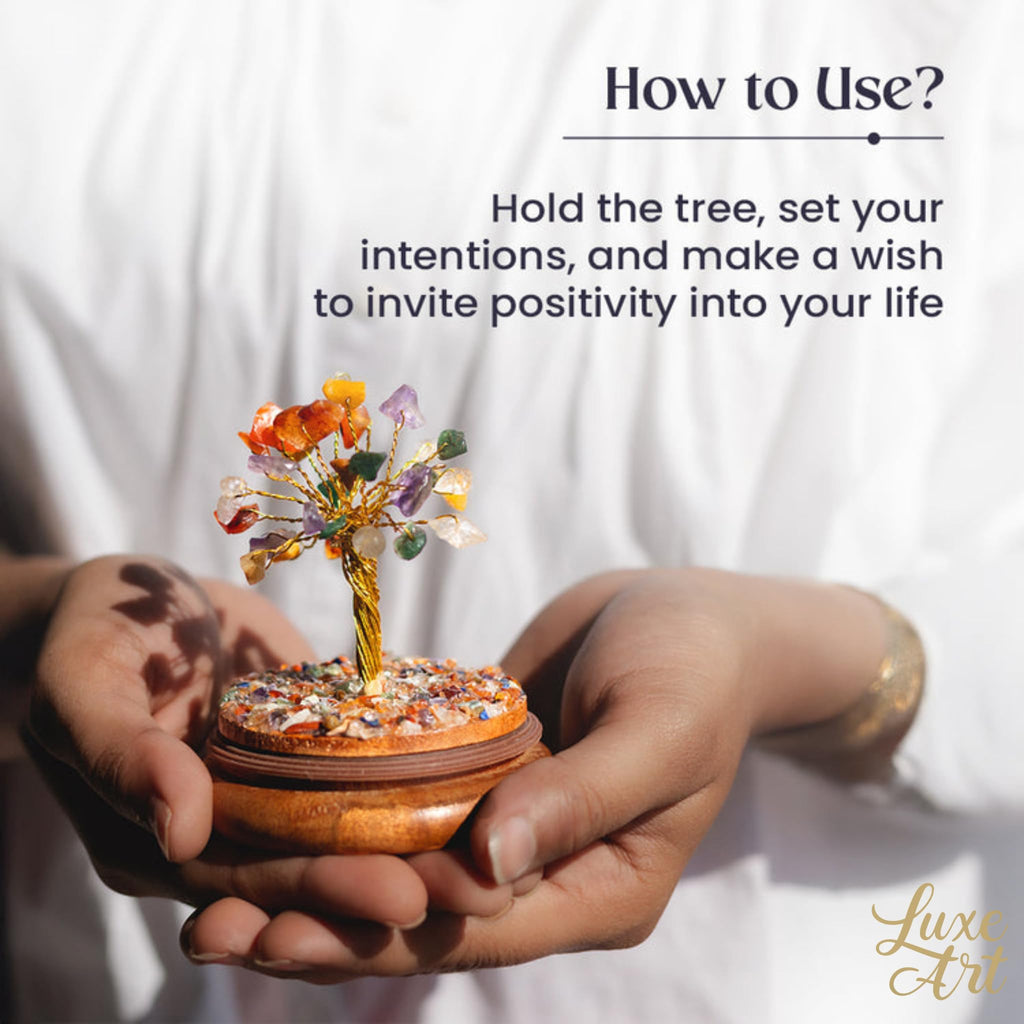 Luxe Art 7 Chakra Crystal Tree in Glass Dome, Handmade Gemstone Bonsai with Wooden Base, Small 15cm Decorative Tree for Home Office, Spiritual Healing Décor