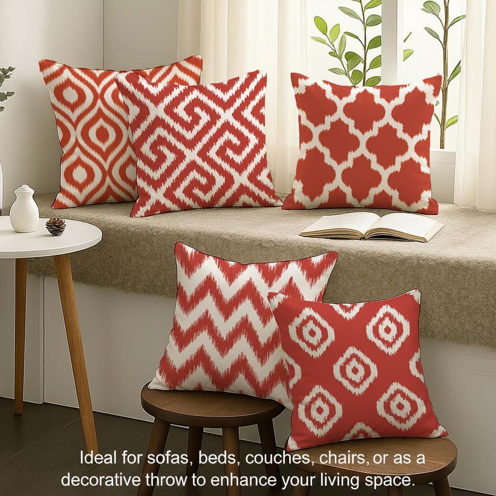 STITCHNEST Set of 5 Polycotton Cushion Covers – 18x18 Inches – Red & White Ikat Geometric Print – Elegant Cushion Covers for Sofa, Couch & Living Room | Perfect for Home Decor
