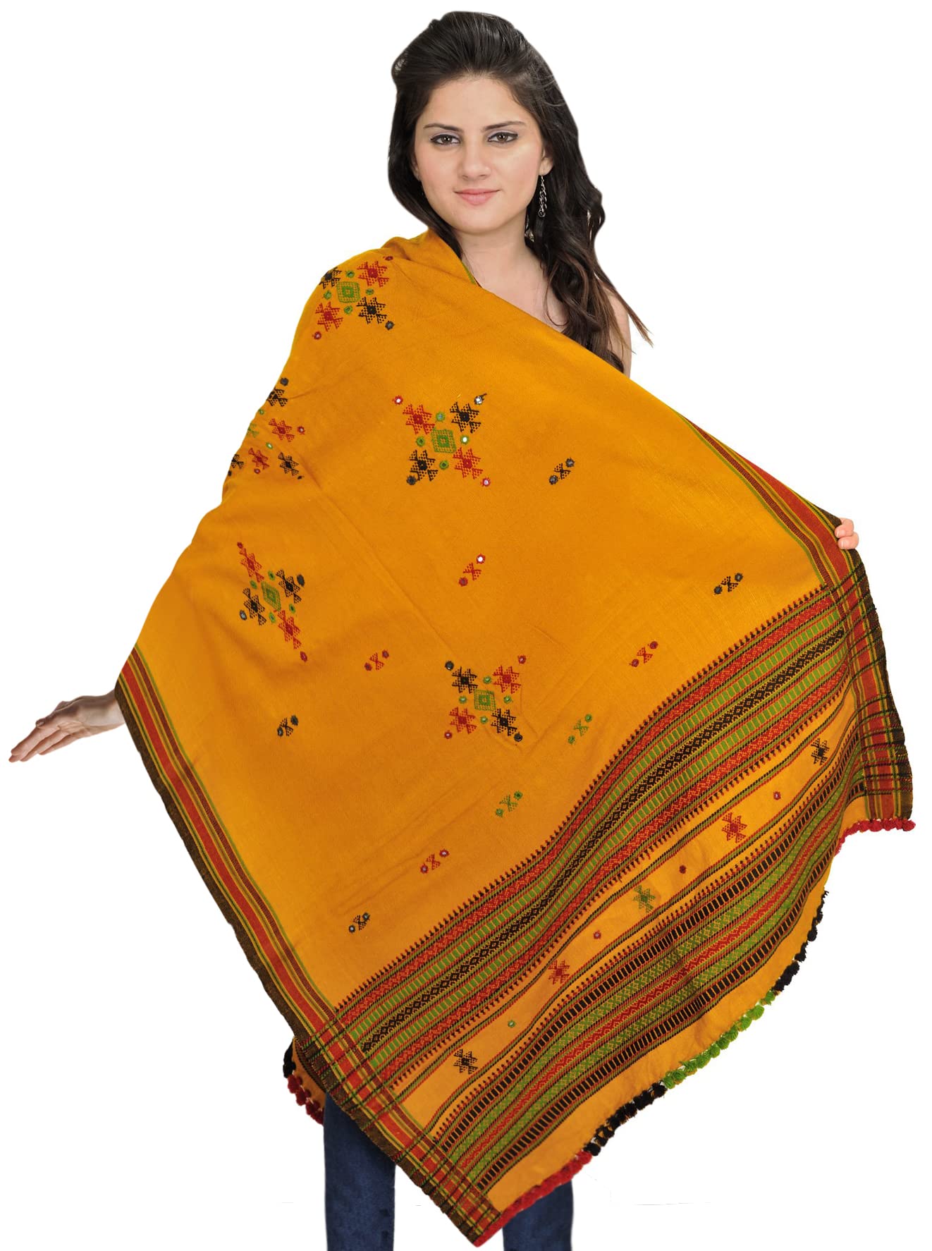 Exotic India Shawl from Kutch with Embroidered Bootis and Mirrors - Color Spruce YellowColor Free Size