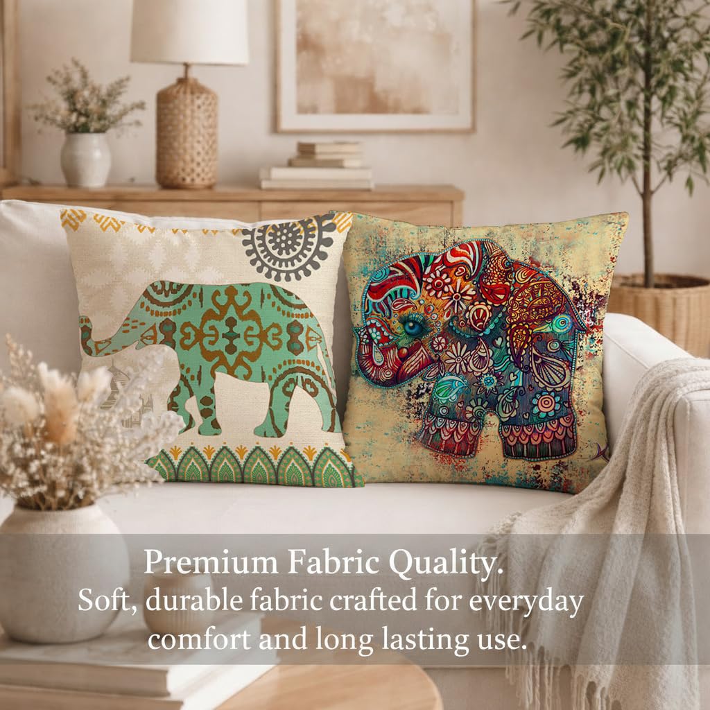 STITCHNEST Set of 2 Gajraj Folk Art Collection Printed Jute Cushion Covers 16x16 Inches | Decorative Throw Pillow Covers for Sofa, Living Room, Bedroom | Perfect for Home Decor