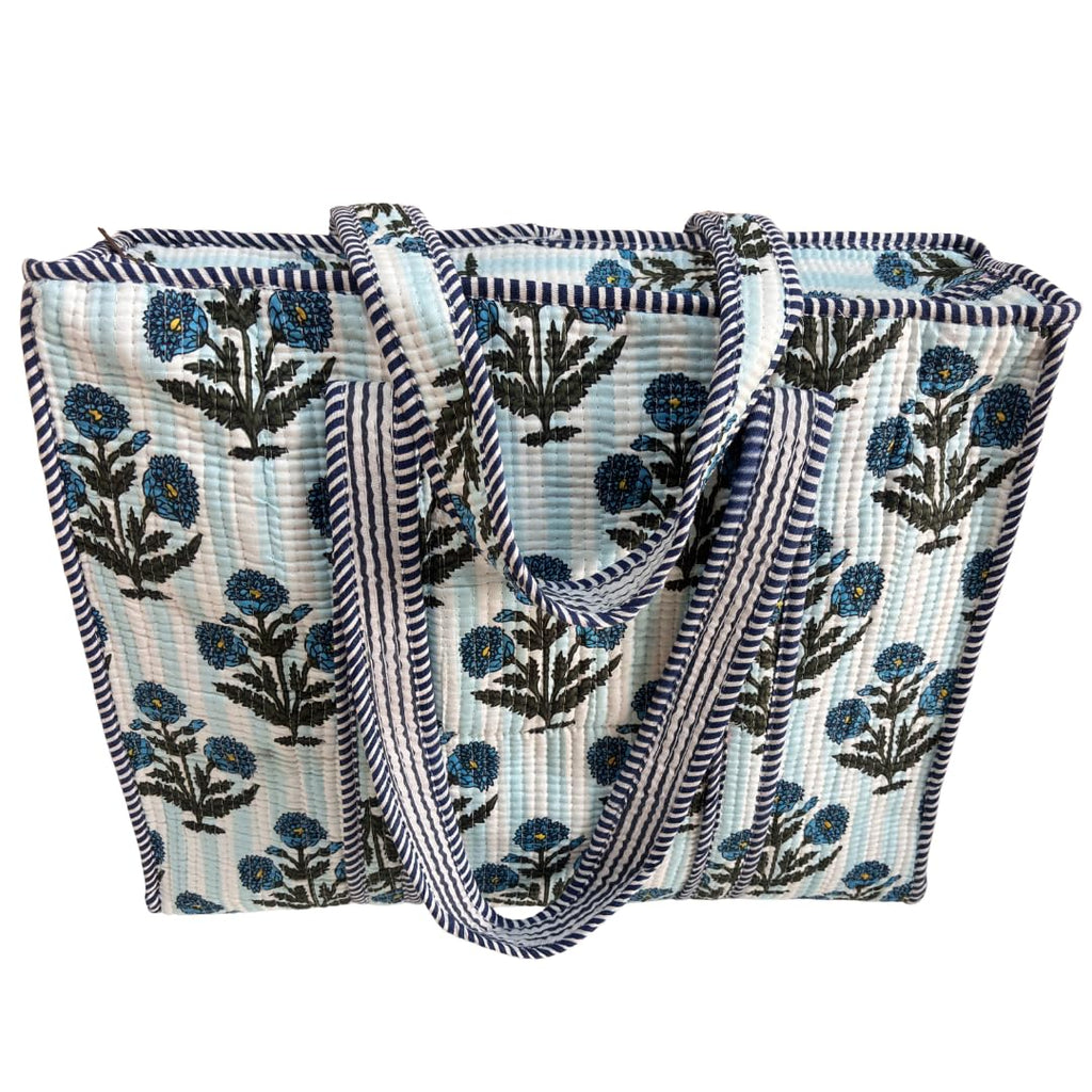 Bazaar Bhoot Edition Premium Cotton Quilted Shopping Tote Bag - Multipurpose Long Lasting Foldable Reusable Bag with zipper for Shopping, Travel & Daily Use (Floral White & Blue (250 GSM Cotton))