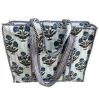 Bazaar Bhoot Edition Premium Cotton Quilted Shopping Tote Bag - Multipurpose Long Lasting Foldable Reusable Bag with zipper for Shopping, Travel & Daily Use (Floral White & Blue (250 GSM Cotton))