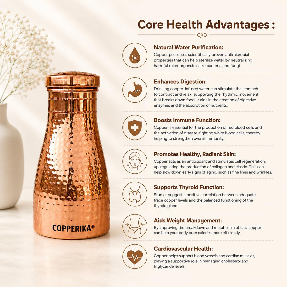 Copperika Export Quality Bedroom Jar Pure Copper Water Bottle (1 Litre - 1000ml - Pack of 4) Original With Ayurvedic & Other Health Benefits | BPA Free | For Home, Office, Kids & Travel