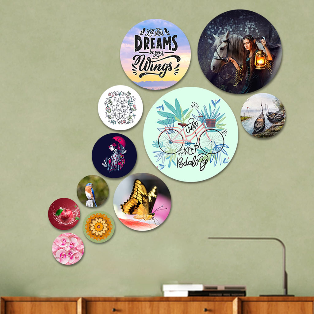 Artvibes Nature Is The Greatest Artist Round Shape MDF Wooden Wall Decor Items | Art For Wall | Wall Sculpture | Signs & Plaques | Festive Decor | Wall Art Print | Ideal Gifts (WPS_101NN), Set of 11