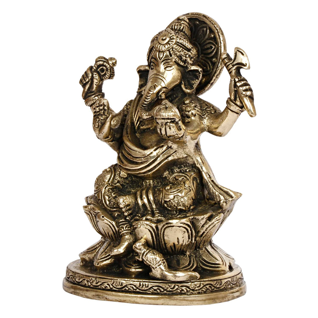 ARTVARKO Brass Ganesha Sitting on Lotus Ganesh Ganpati Murti Metal Statue for Home Office Entrance Decor Diwali Pooja 5 Inches