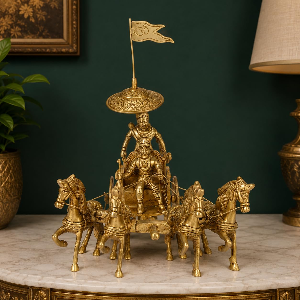 ARTVARKO Brass Four Horses Mahabharat/Geeta Arjun Chariot (Rath) with Krishna & Hanuman Lord Krishna Arjun Rath Idol Showpieces 10 Inch