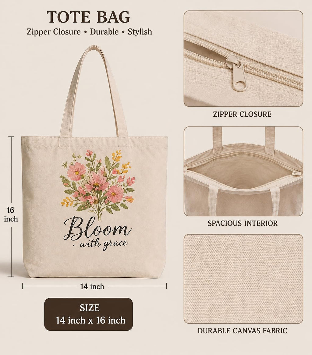 Supadaa Large Canvas Tote Bag For Women With Zipper Premium Cotton Shoulder Handbag Reusable Shopping Office College Travel Beach Grocery Bag (Flower Bloom)